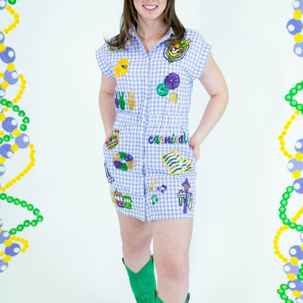 Mardi Gras Gingham Sequin Patch Mini Dress Purple Cap Sleeve Button Down Sz S